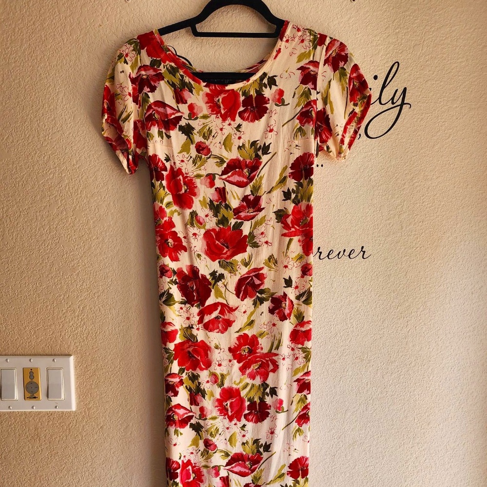 Vintage Cinnamon Girl Hippie Chic Floral Print Dress Red/Pink/Green Size XXS